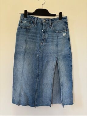 We The Free Blue Distressed Denim Midi Skirt with Front Slit Size 26